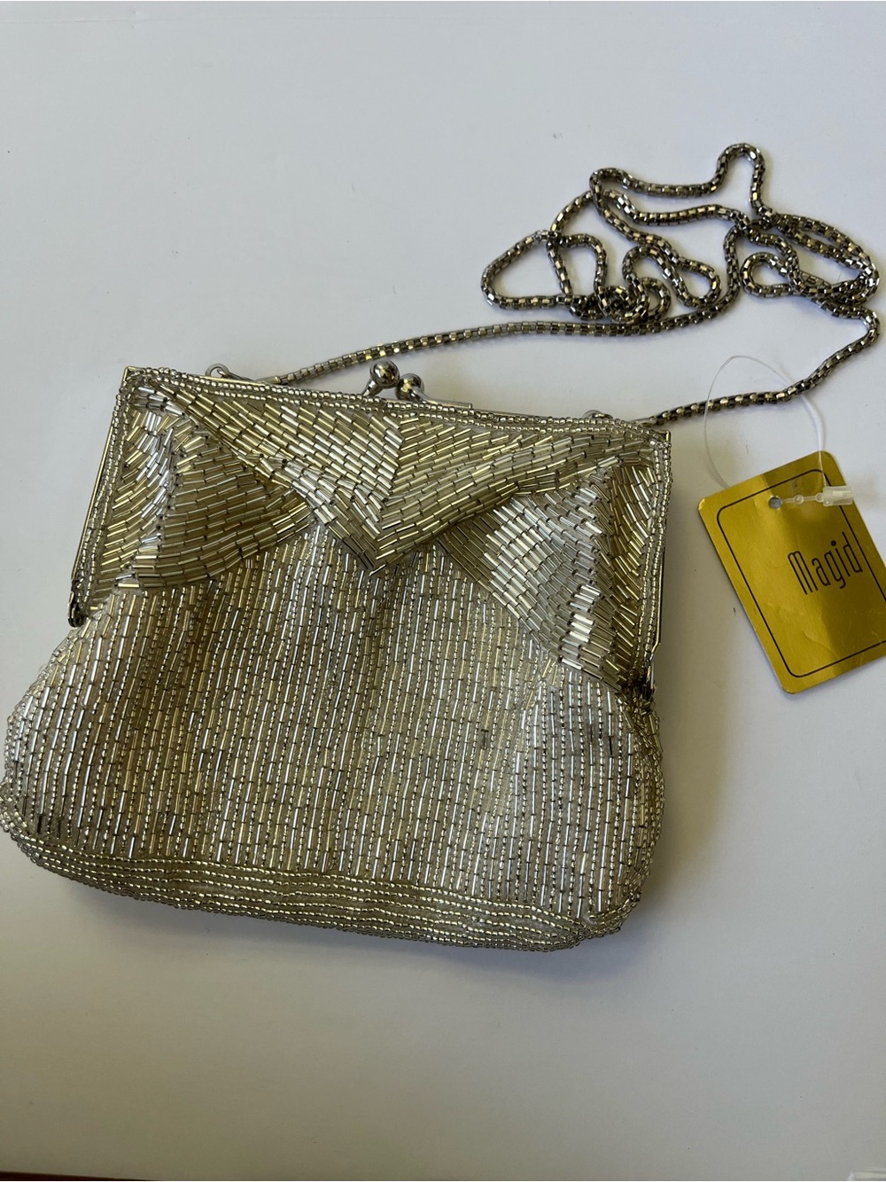 Vintage Magid Beaded Kisslock Evening Bag/Clutch Silver Art Deco Geometric NWT